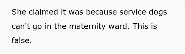 The bride's false claim that service dogs are banned from maternity wards, highlighting her ban of the anxious sibling's service dog from the wedding.