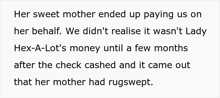 Crazy MIL witching around: Text explaining how the MIL's mother paid the wedding dress bill, and rugswept it.