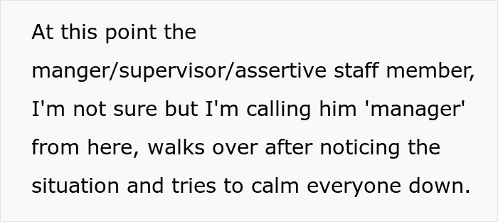 Text detailing a manager intervening to calm a situation involving a racist Karen and Black woman. Text detailing a manager intervening to calm a situation involving a racist Karen and Black woman.