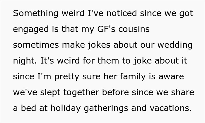 A Reddit post expressing a shocked groom's discomfort with family jokes about their upcoming wedding night.