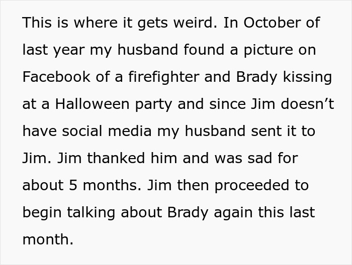 Screenshot of text about a guy's GF. The text describes a picture of a firefighter and Brady kissing at a Halloween party.