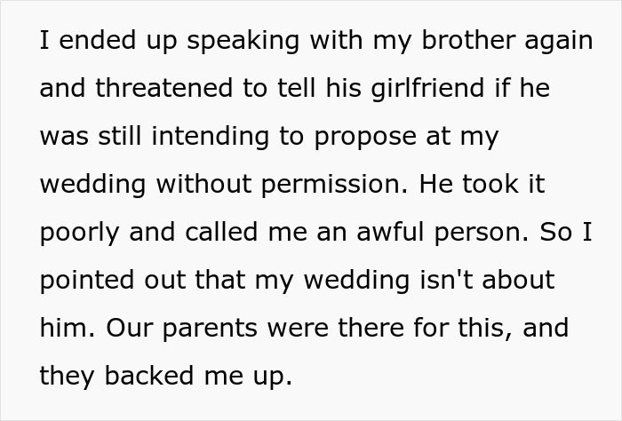 A Reddit comment describing the speaker confronting the entitled man about his wedding proposal plan.
