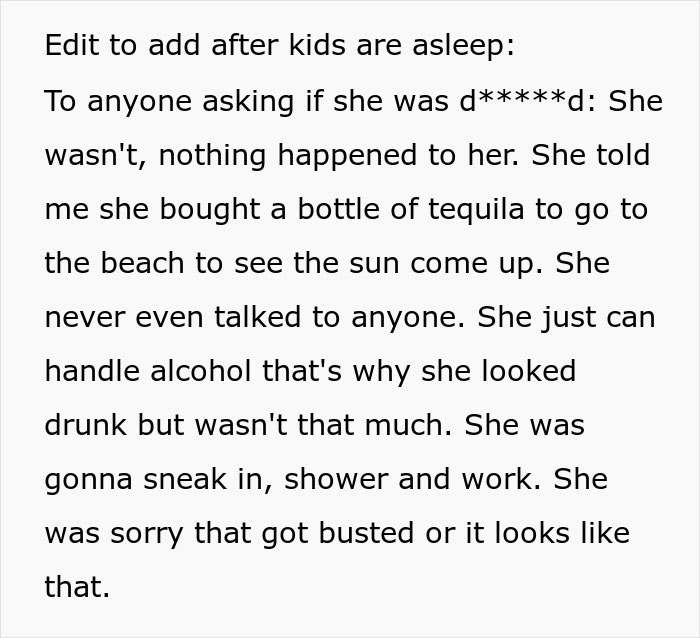 A woman clarifies that her nanny was not in danger but had a bottle of tequila during the family vacation.