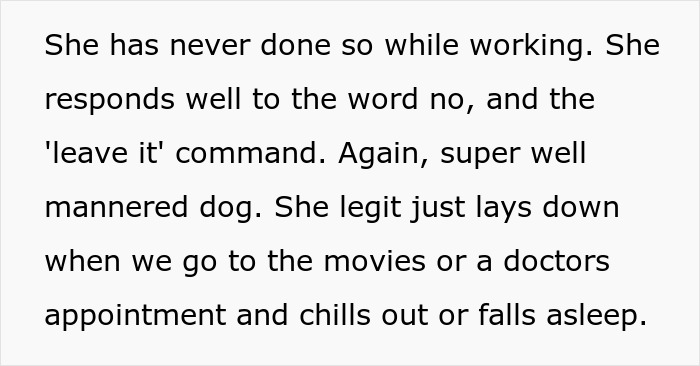 Text explaining why the service dog is well-behaved and never done so while working, able to chill out or sleep.