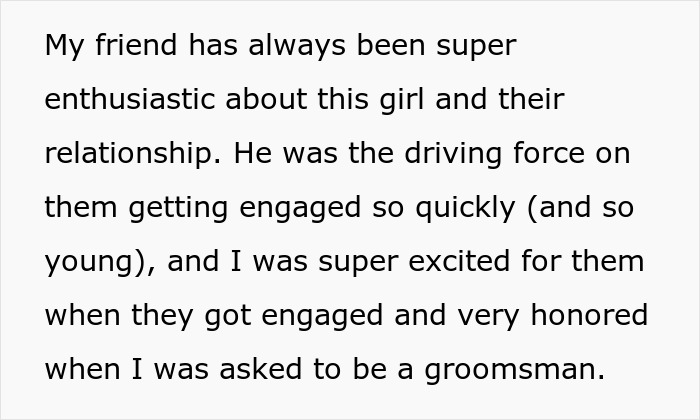 Text describing the friend's enthusiasm for the relationship and the honor of being a groomsman for the wedding. Text describing the friend's enthusiasm for the relationship and the honor of being a groomsman for the wedding.