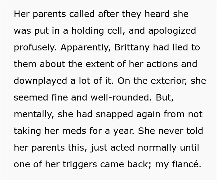 Text explaining a woman's scary fixation on a groom leading to being held, with parents apologizing for her actions.