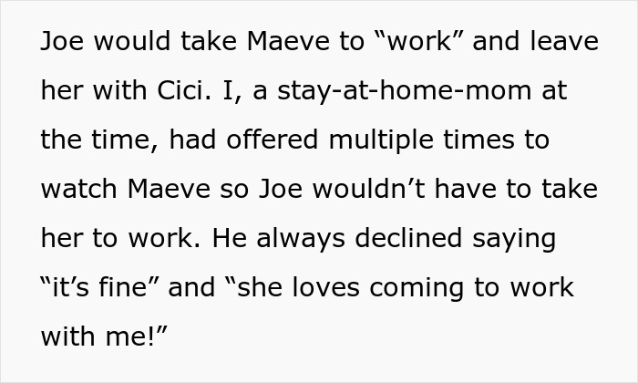 A screenshot of text describing how a serial cheater would take his daughter to work and leave her with Cici. A screenshot of text describing how a serial cheater would take his daughter to work and leave her with Cici.