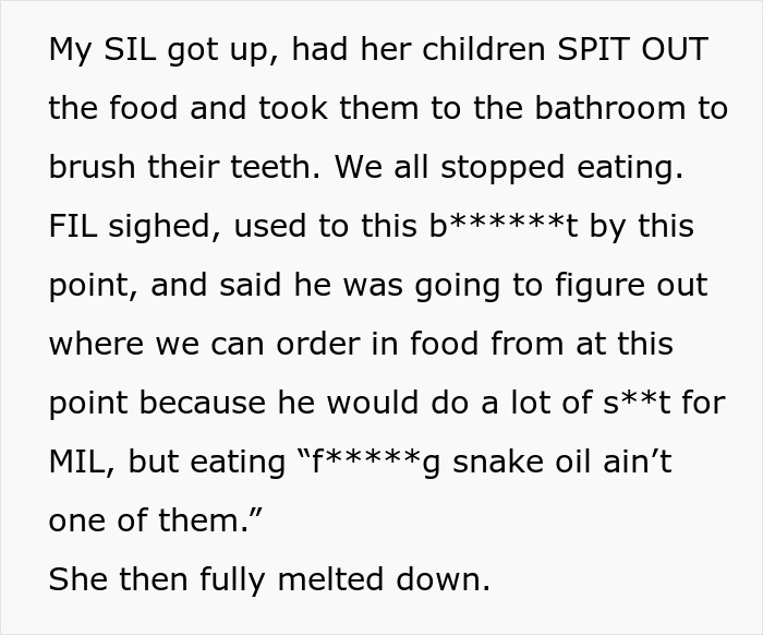 A screenshot of text where SIL and FIL react to MIL's essential oils in holiday dishes, spitting out food, and deciding to order new food for Thanksgiving. A screenshot of text where SIL and FIL react to MIL's essential oils in holiday dishes, spitting out food, and deciding to order new food for Thanksgiving.