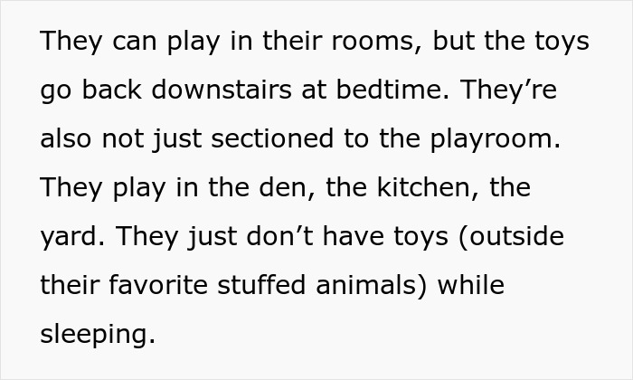 Text detailing a mom's rules about toy placement and playtime, emphasizing boundaries for the nanny.