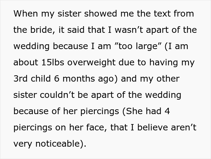 A screenshot of a text about the bride rejecting bridesmaid dresses due to weight and piercings. A screenshot of a text about the bride rejecting bridesmaid dresses due to weight and piercings.