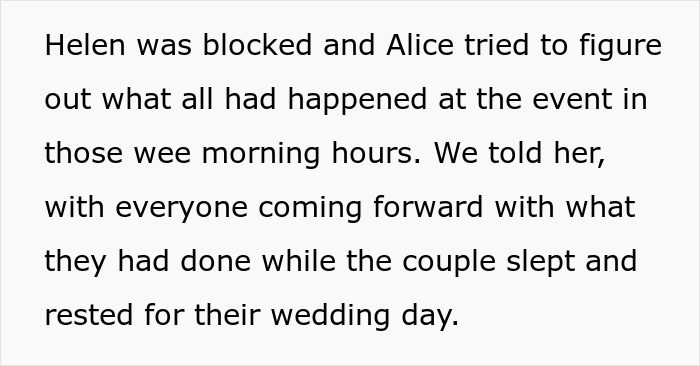 Text detailing Helen being blocked and Alice trying to understand the wedding events from the guests who saved the day. Text detailing Helen being blocked and Alice trying to understand the wedding events from the guests who saved the day.