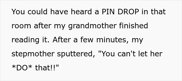 Text snippet: great-grandma's will reading causes a pin drop silence and entitled in-law fuming. Text snippet: great-grandma's will reading causes a pin drop silence and entitled in-law fuming.