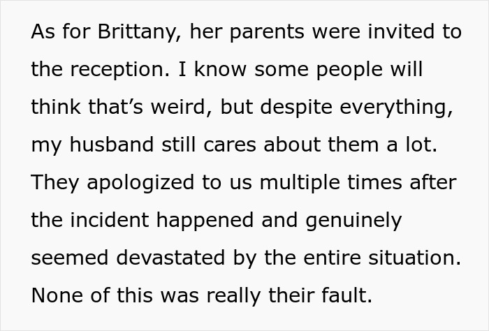Text about Brittany's parents invited to a reception after an unsettling turn with the groom.