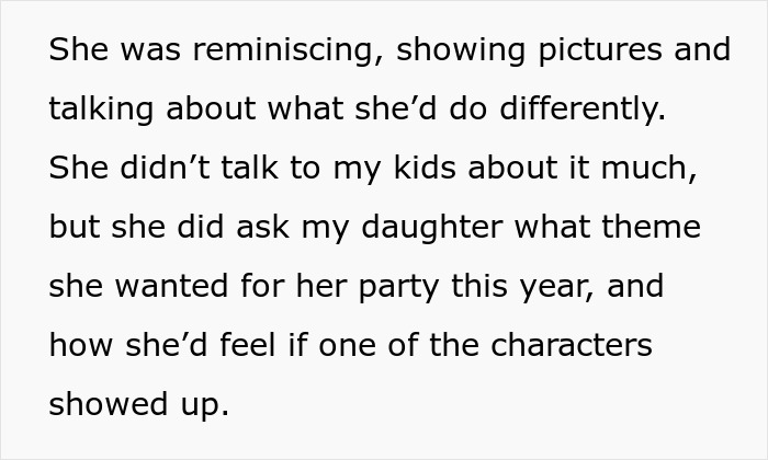 Text describing a stepmom reminiscing about hijacking a kid's birthday party and planning future character appearances. Text describing a stepmom reminiscing about hijacking a kid's birthday party and planning future character appearances.