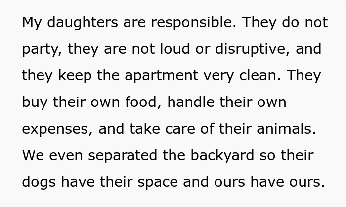 Screenshot of text explaining the daughters' responsible behavior amidst the boyfriend rent discussion. Screenshot of text explaining the daughters' responsible behavior amidst the boyfriend rent discussion.