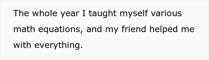 Text snippet about Mom's sexist remarks against a teenage girl, describing a year of studying math equations with a friend's help. Text snippet about Mom's sexist remarks against a teenage girl, describing a year of studying math equations with a friend's help.
