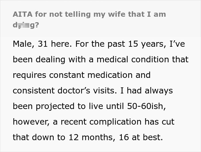 A screenshot detailing a husband's difficult medical condition and sad news about his prognosis for his wife. A screenshot detailing a husband's difficult medical condition and sad news about his prognosis for his wife.