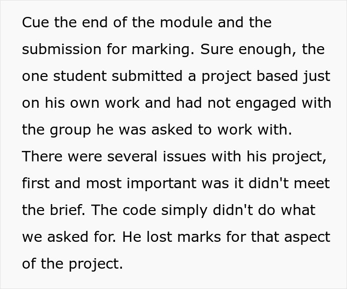 Lecturer documents student's project not meeting brief after refusing group work, losing marks. Lecturer documents student's project not meeting brief after refusing group work, losing marks.
