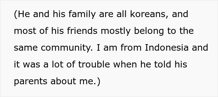 Details of woman’s Korean husband and Indonesian background, highlighting troubles with parents accepting her. Details of woman’s Korean husband and Indonesian background, highlighting troubles with parents accepting her.