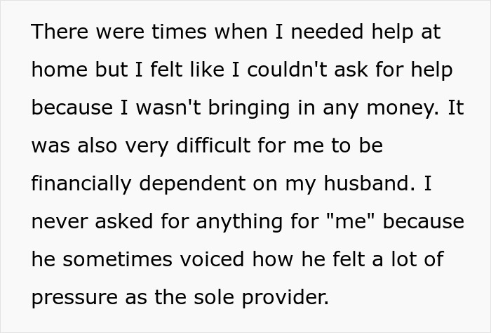A screenshot continuing the story, detailing financial dependency and the pressure as the sole provider, impacting the woman. A screenshot continuing the story, detailing financial dependency and the pressure as the sole provider, impacting the woman.