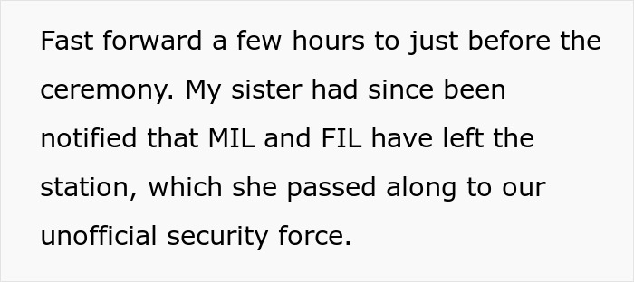 A screenshot with text about the groom's parents leaving the station before the wedding ceremony.