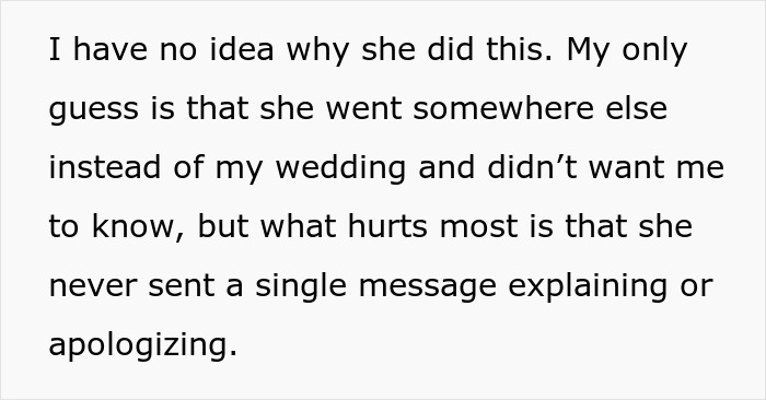 Text expressing the bride's confusion and hurt over her influencer bestie's ghosting and lack of explanation. Text expressing the bride's confusion and hurt over her influencer bestie's ghosting and lack of explanation.
