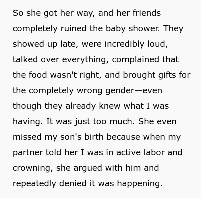 Text snippet: Delusional mom ruined the baby shower and missed her grandson's birth, creating unsafe family situations. Text snippet: Delusional mom ruined the baby shower and missed her grandson's birth, creating unsafe family situations.