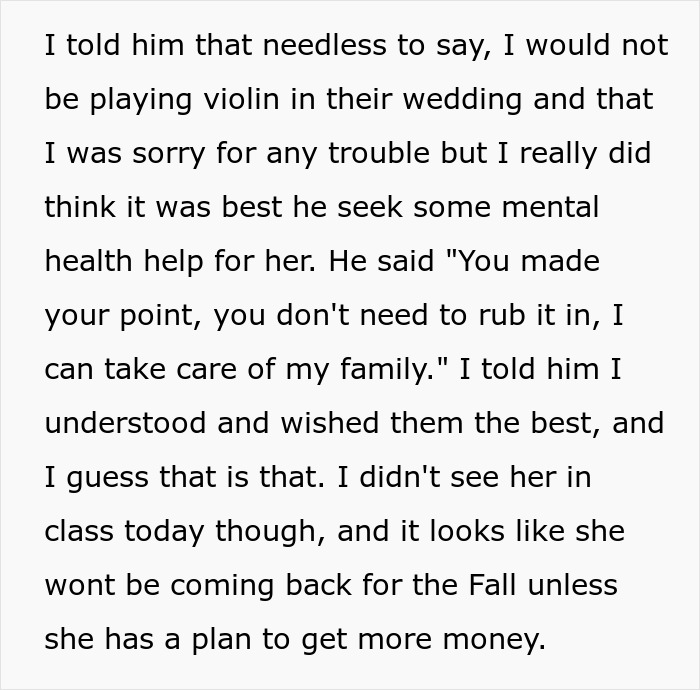 A screenshot of text discussing a bride's expectation for a former classmate to learn violin for her wedding.