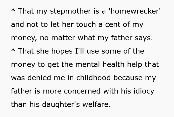 A screenshot of text from a great-grandma's letter, including remarks about a stepmother and advice on using money for mental health, from her troll. A screenshot of text from a great-grandma's letter, including remarks about a stepmother and advice on using money for mental health, from her troll.