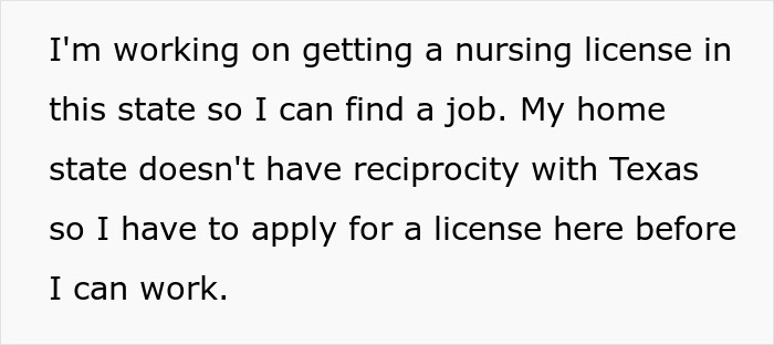 A screenshot of a paragraph about a woman working to get a nursing license to find a job after leaving her fiancé. A screenshot of a paragraph about a woman working to get a nursing license to find a job after leaving her fiancé.