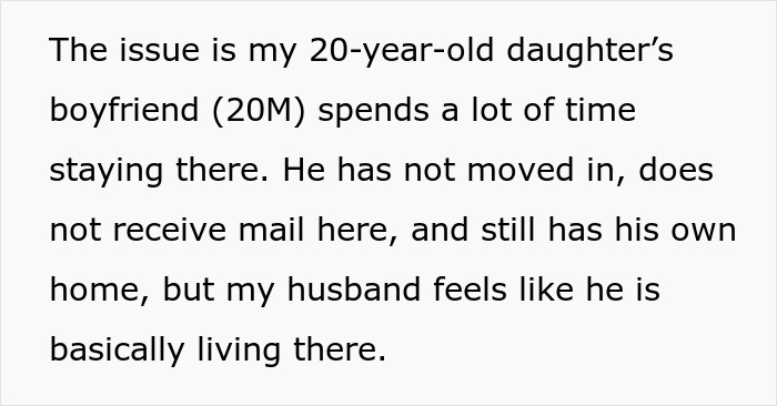 Screenshot of text detailing the daughter's boyfriend staying over, concerning the rent issue. Screenshot of text detailing the daughter's boyfriend staying over, concerning the rent issue.