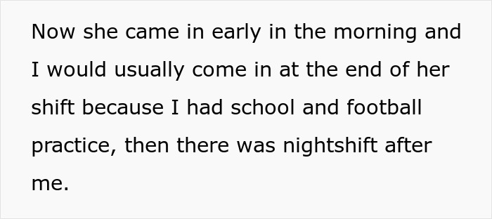 Text snippet: Student worker's schedule of school and football practice while her lazy manager was early.