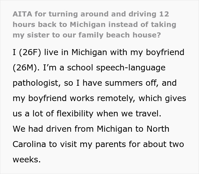 Text snippet describing the sister's unexpected reaction and the car turning around mid-trip. Text snippet describing the sister's unexpected reaction and the car turning around mid-trip.