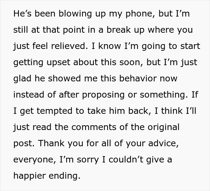 Text explaining a woman's relief after a breakup, realizing her boyfriend's behavior, like deleting her phone app, was revealed early. Text explaining a woman's relief after a breakup, realizing her boyfriend's behavior, like deleting her phone app, was revealed early.