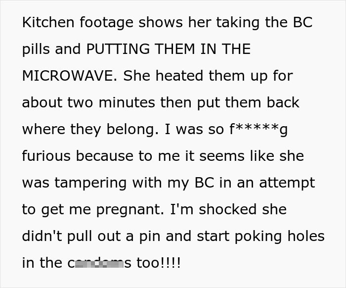 Screenshot of text about a woman tampering with BC pills, heated in the microwave to make DIL have kids.