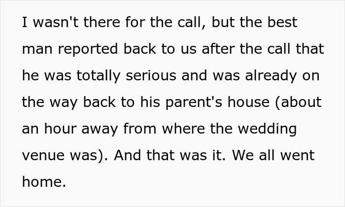 Text explaining the groom's decision to cancel wedding, leaving groomsman out of pocket. Text explaining the groom's decision to cancel wedding, leaving groomsman out of pocket.