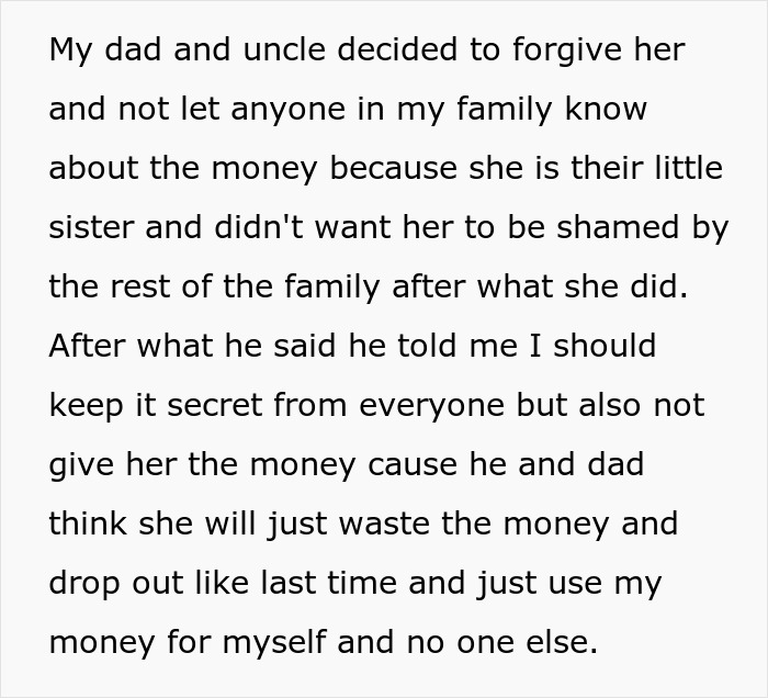 Screenshot of text about the man's dad and uncle forgiving the aunt for wasting money. Screenshot of text about the man's dad and uncle forgiving the aunt for wasting money.
