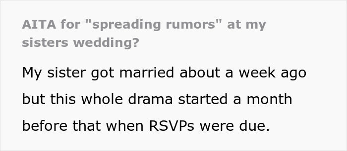 A screenshot of a post where a bridesmaid asks if she is wrong for spreading rumors about a wedding guest list.