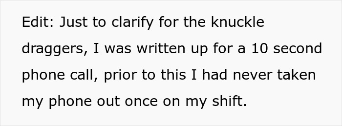Edit text clarifying that a student worker was written up for a short phone call by a lazy manager.
