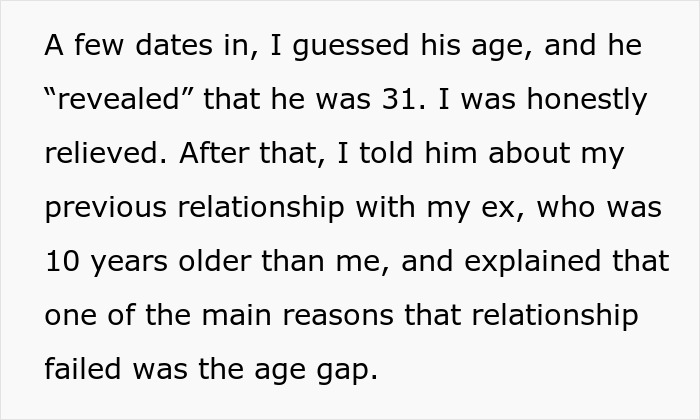 Screenshot of a text conversation: I told him about my previous relationship with my ex, who was 10 years older than me, illustrating a guy pretending to be younger. Screenshot of a text conversation: I told him about my previous relationship with my ex, who was 10 years older than me, illustrating a guy pretending to be younger.
