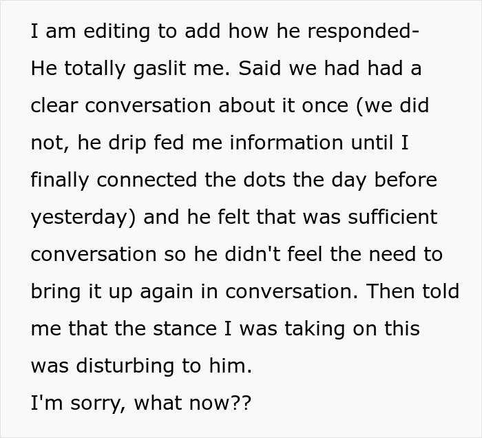 GF connecting the dots herself about BF's 10-day trip and his gaslighting response.