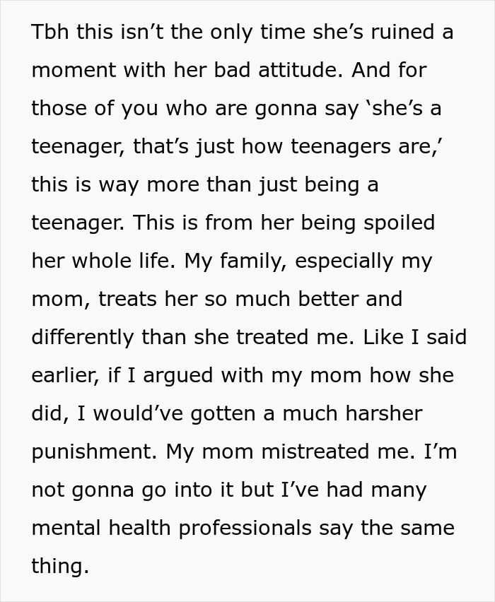 A screenshot of text describing a woman's family dynamics and her teen sister's bad attitude during her birthday dinner.