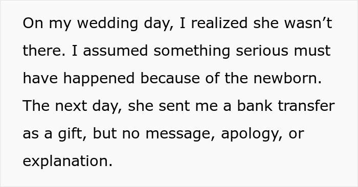 Text explaining that the influencer bestie ghosted the bride on her wedding day, sending only a bank transfer. Text explaining that the influencer bestie ghosted the bride on her wedding day, sending only a bank transfer.