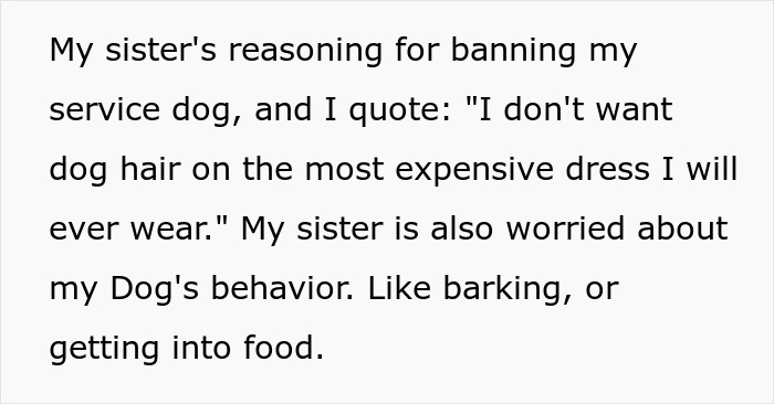 Text snippet explaining the bride's reasons for banning a service dog from her wedding.
