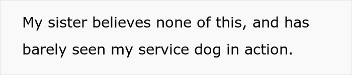 Text about the sister not believing the service dog's capabilities and barely seen the service dog in action.