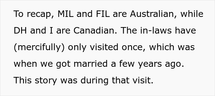 Text snippet: To recap, MIL and FIL are Australian, while DH and I are Canadian. Story about a wedding.