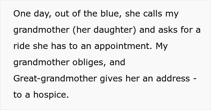 Screenshot of text about great-grandma's surprising hospice visit, related to her trolling from beyond the grave. Screenshot of text about great-grandma's surprising hospice visit, related to her trolling from beyond the grave.