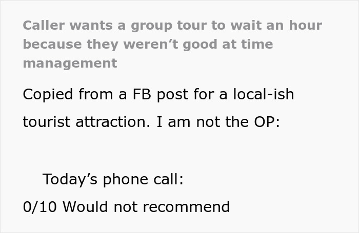 A screenshot of a Facebook post about entitled tourists expecting a group tour to wait for them due to poor time management. A screenshot of a Facebook post about entitled tourists expecting a group tour to wait for them due to poor time management.