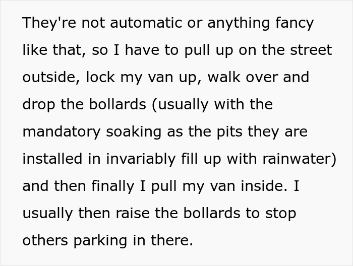 Text detailing how to lower bollards to allow parking, then raising them to prevent others from using the space, illustrating a parking war.