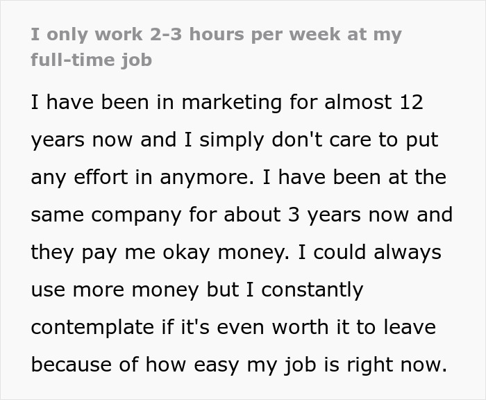 Screenshot of text describing an easy job, where a woman works 2-3 hours per week for a medium salary. Screenshot of text describing an easy job, where a woman works 2-3 hours per week for a medium salary.